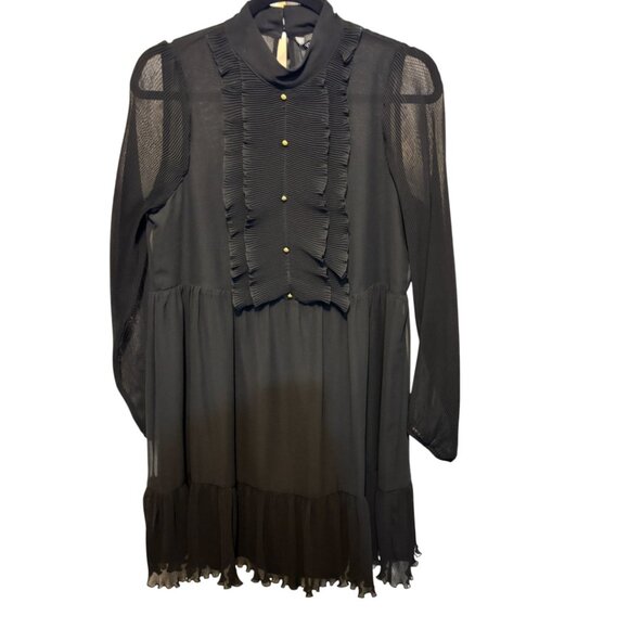 Zara Ruffle Button Down Bib Hem Pleated Long Sleeves Black Dress - Picture 2 of 15